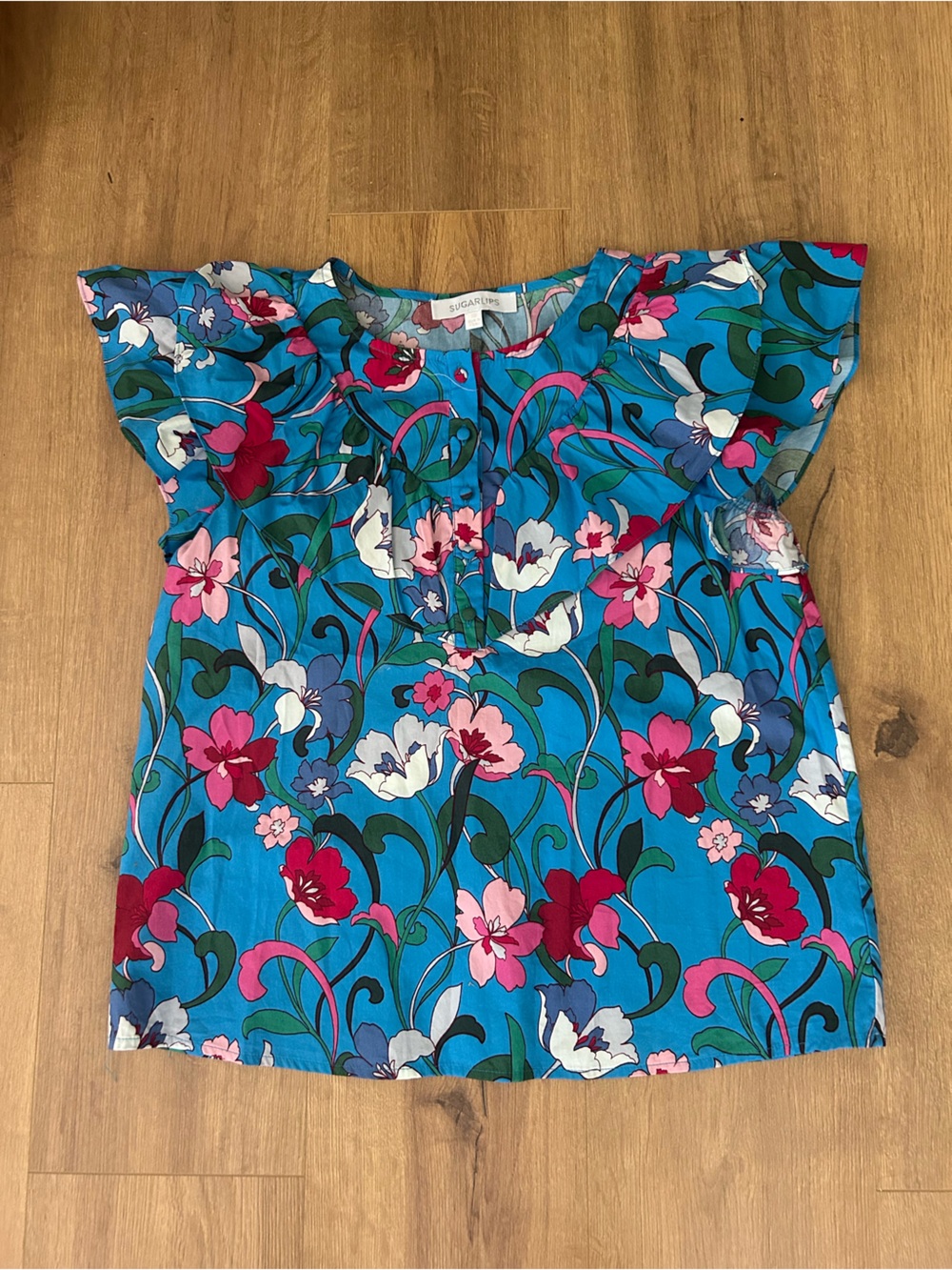 Sugarlips Turquoise Floral Strapless Top with Pink Accents